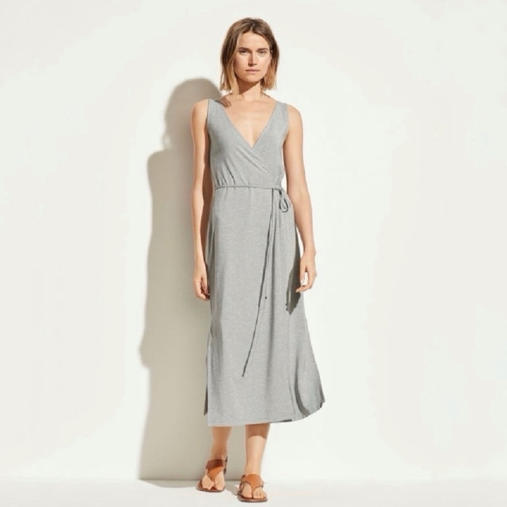Vince Sleeveless Gray Wrap Midi Dress